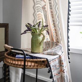 Boho Cream Cotton And Linen Print Sun Shade Non-punched Curtain Fabric (Option: Hook fringe curtains-W150xH300CM)