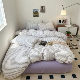 Cotton Yarn-dyed Washed Cotton Four-piece Set Full-cotton Fitted Sheet Non-printed Minimalist Bed Sheet Duvet Cover (Option: Blueberry Stripe-2.0m Bed Sheet)